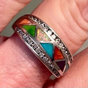 NATIVE AMERICAN STERLING SILVER MULTI STONE INLAID RING TURQUOISE OPAL SIZE 8.25